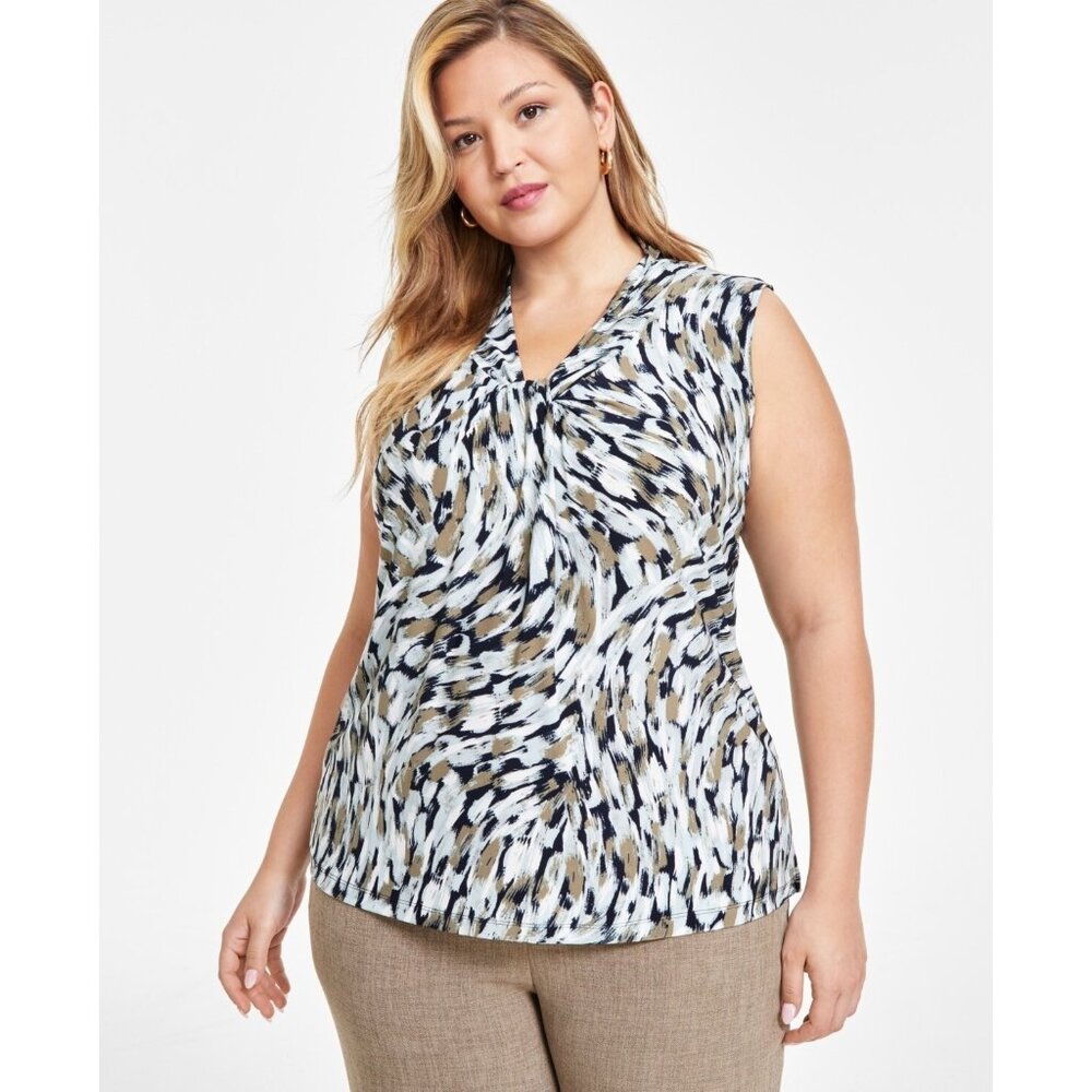 Kasper Plus Size Printed Knot-Front Top BLACK GREEN Size 3X MSRP $59